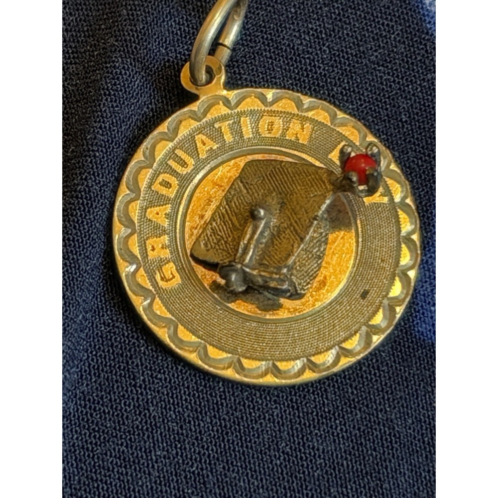Charm 12k yellow Gold Filled GRADUATION DAY cap hat ruby stone disc Elco